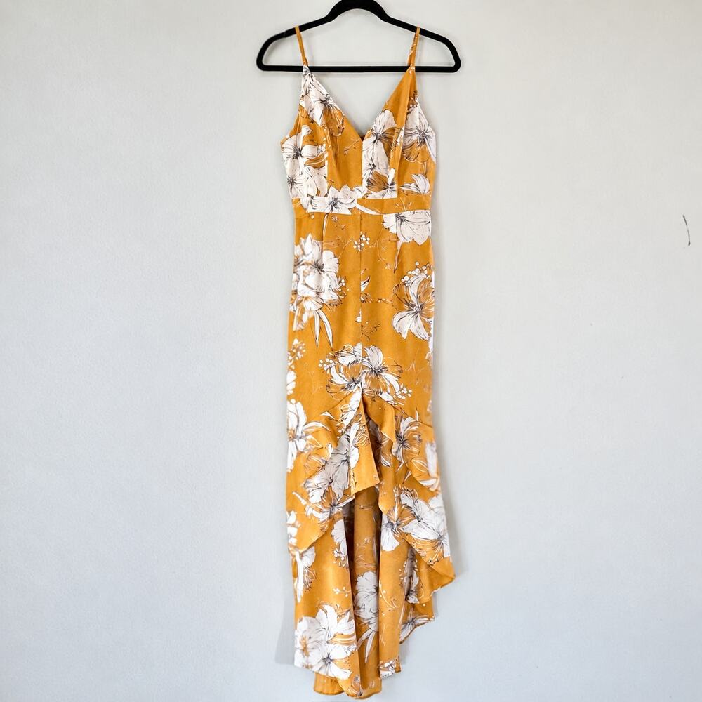 Lulus Darling Daylily Dress S Mustard Floral High Low Maxi Wedding Guest